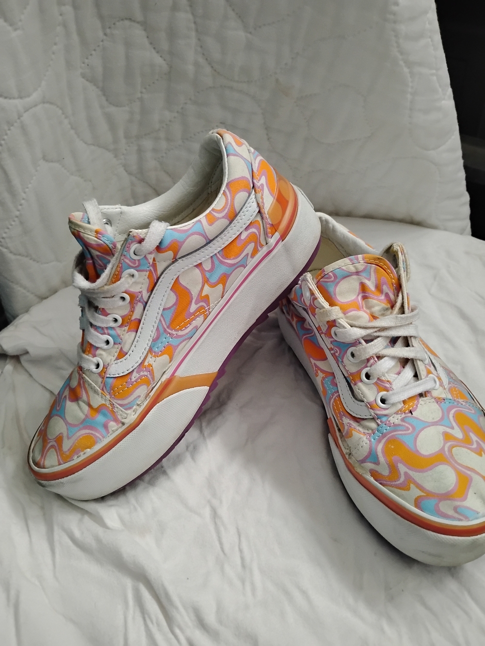 Vans Old Skool Platform Wave-Print Sneakers in White, Orange & Light Blue-7.5